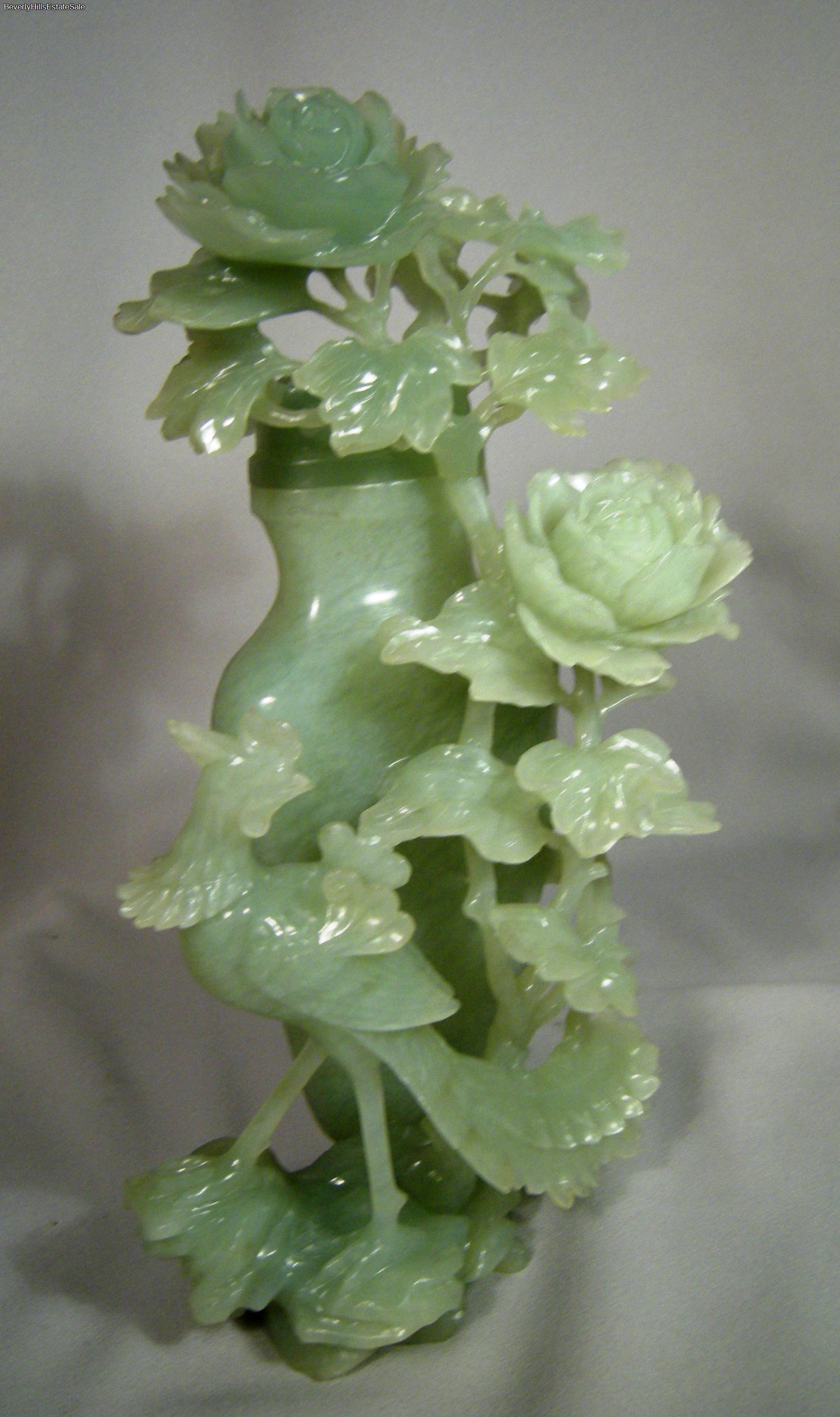 Vintage Chinese Jadeite Green Hard Stone Vase Carving Flowers and Bird