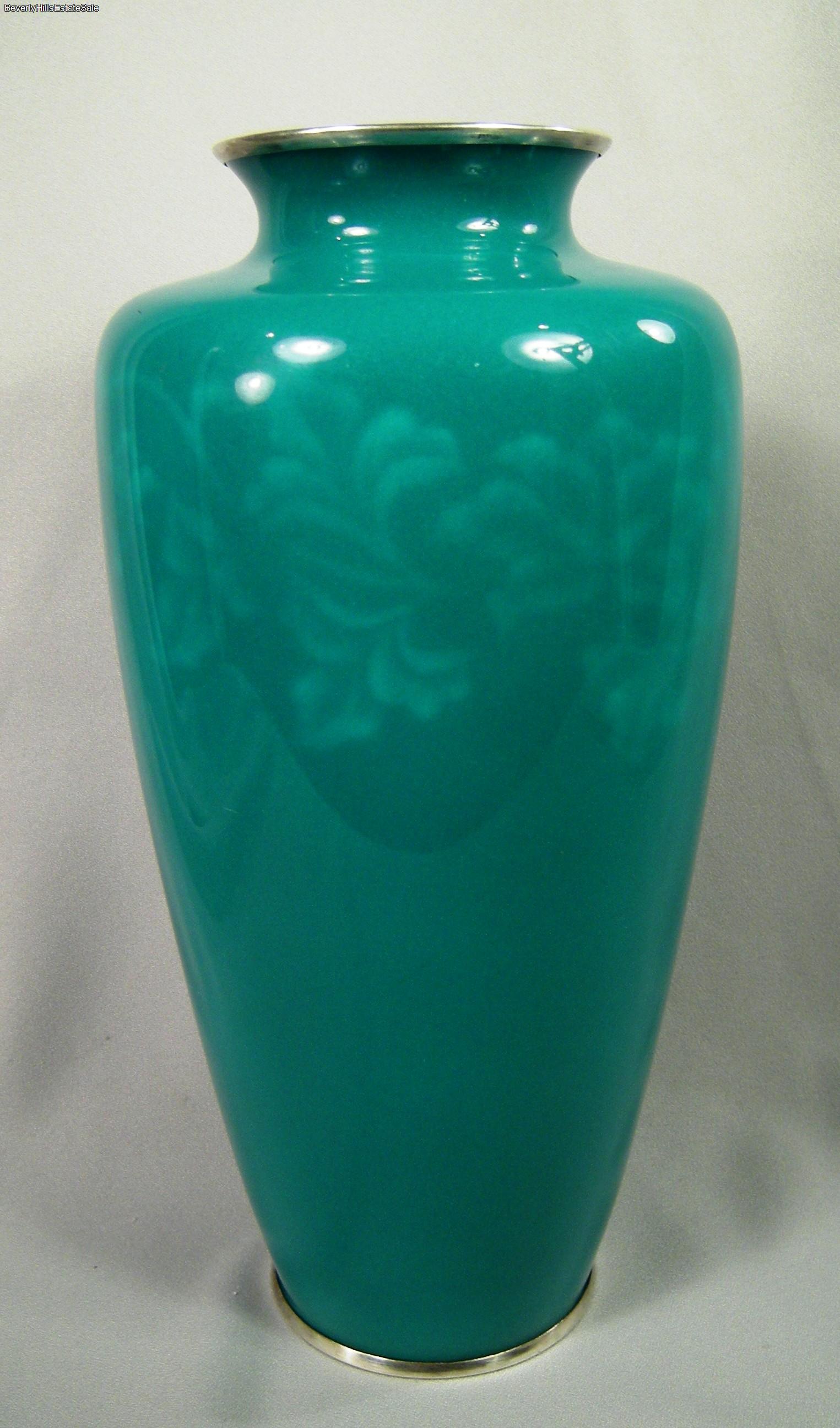 Vintage Signed Ando Japanese Wireless Cloisonne Vase Apple Green Silver