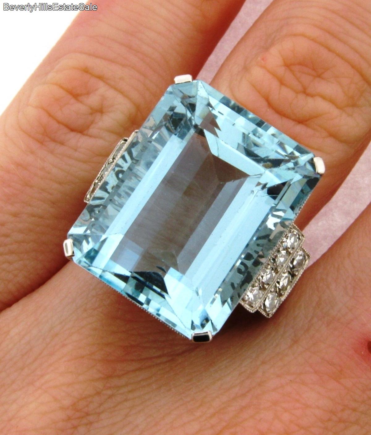 Exquisite Art Deco 30 Carat Aqua Marine Diamond Platinum Diamond Ring ...