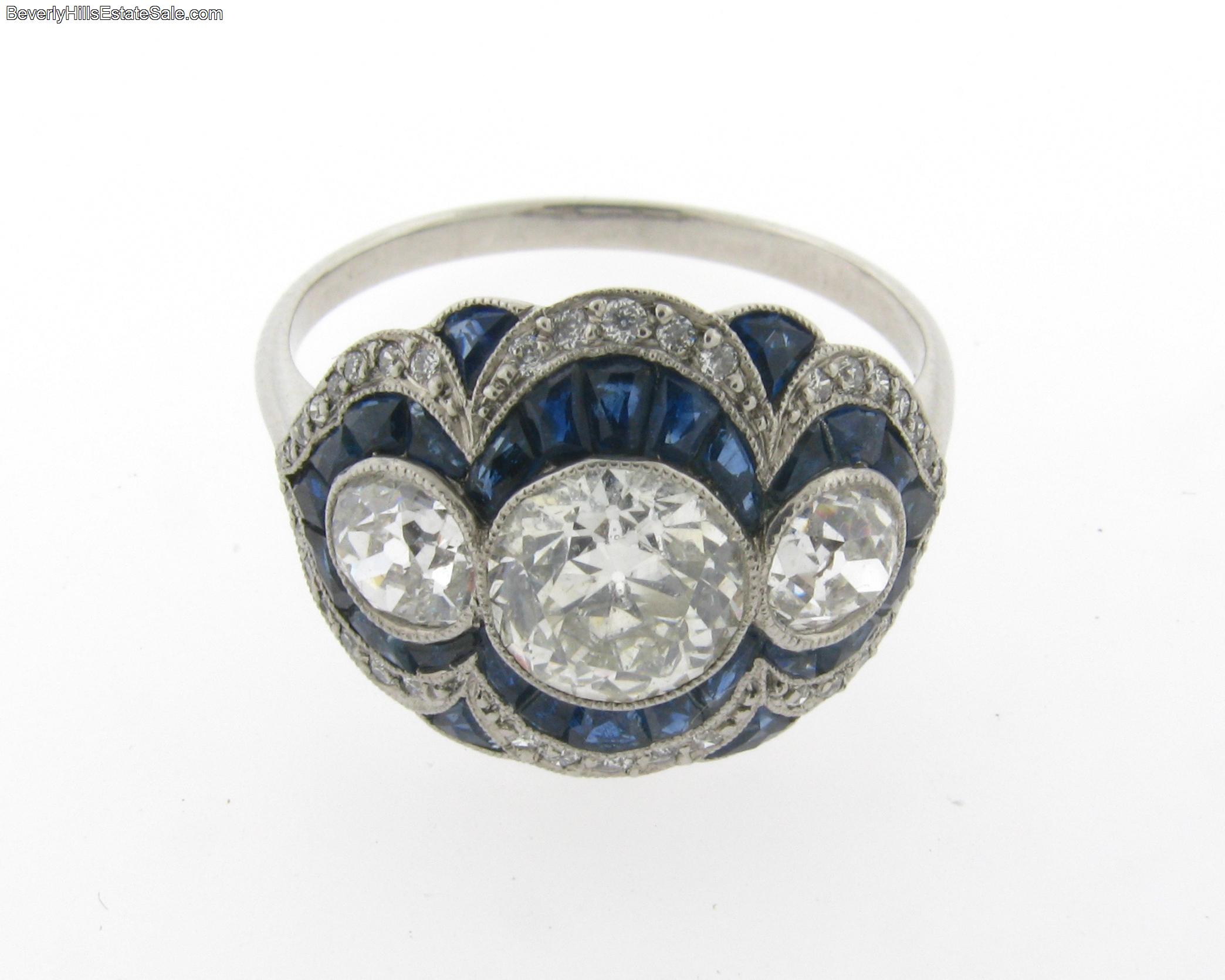 Antique Art Deco 18k WG 2 1/2+C Diamonds Sapphires Ring  