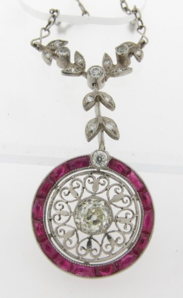 Antique Art Deco Diamonds Ruby Platinum Necklace  