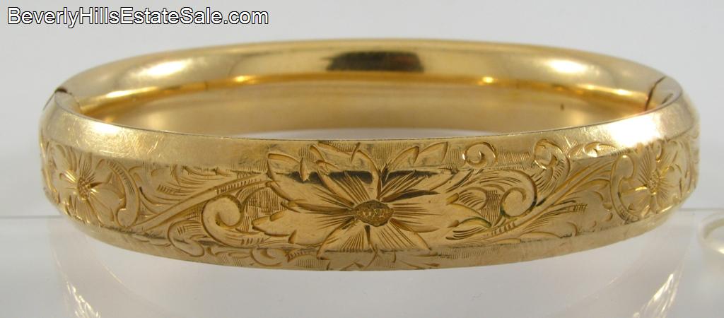 Antique Art Nouveau Gold Filled Floral Bangle Bracelet  