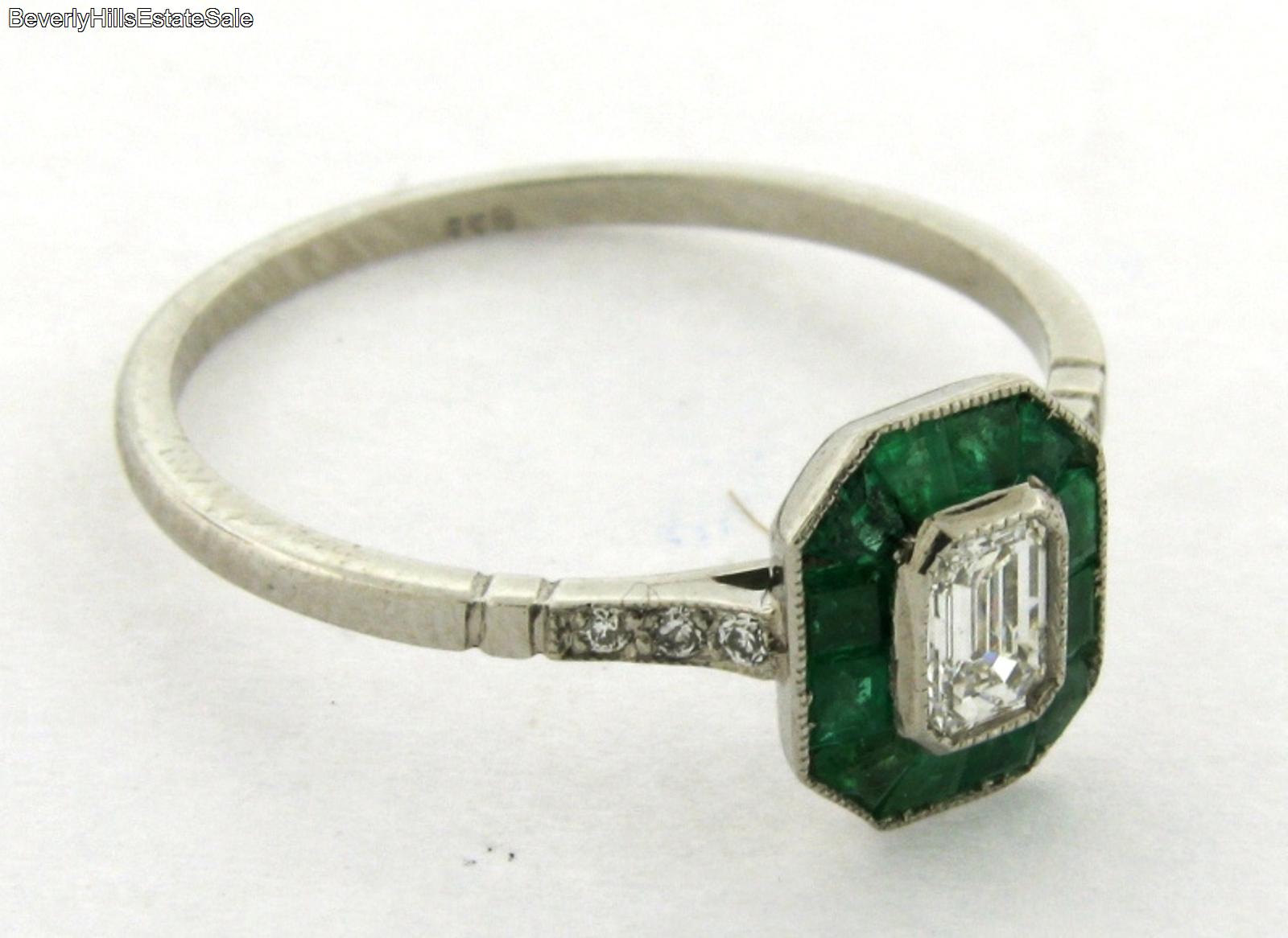 Art Deco .21 Carat Emerald Cut Diamond Emeralds Platinum Ring | eBay