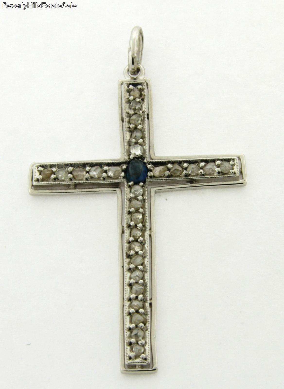 Art Deco Rose Cut Diamond Sapphire 18k White Gold Pendant Cross | eBay