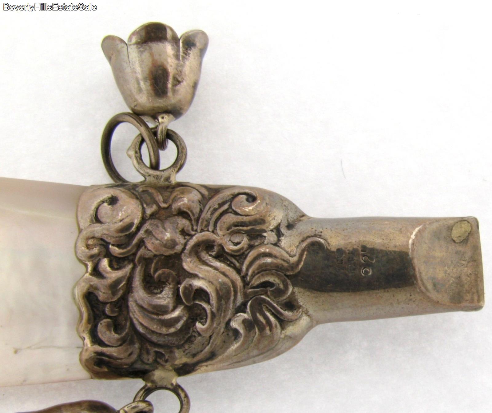 Antique Sterling Silver Mother Of Pearl baby Rattle Whistle eBay