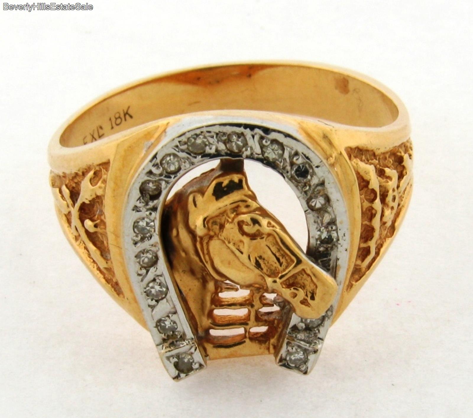 Vintage Horse And Horseshoe Diamond 18k Yellow Gold Mens Ring eBay