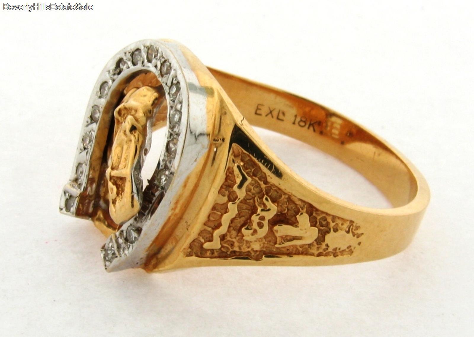 Vintage Horse And Horseshoe Diamond 18k Yellow Gold Mens Ring eBay
