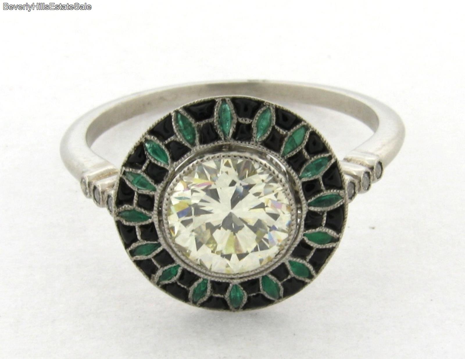 Stunning Art Deco 1.40 C Diamond Onyx Emeralds Platinum