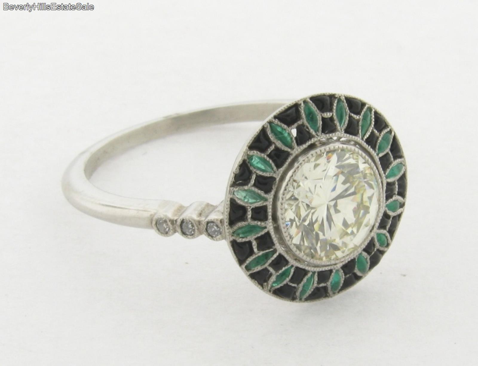 Stunning Art Deco 1.40 C Diamond Onyx Emeralds Platinum