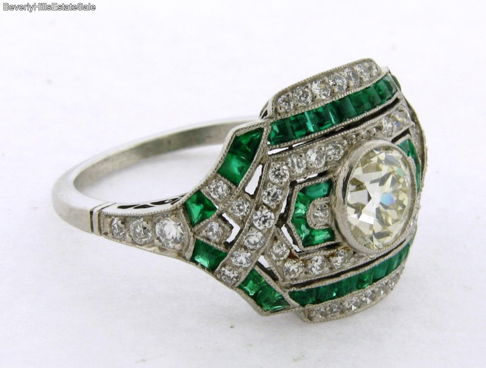 Stunning Art Deco Diamonds Emeralds 1.08 Center Platinum Ring | eBay
